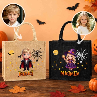 Personalized Face Photo 3D Cartoon Halloween Character Tote Bag with Name, Large Capacity Jute/Linen Trick or Treat Handbag, Halloween Gift for Kids