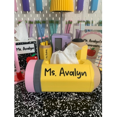 Personalized Pencil Tissue Box Holder, 3D Printed Teacher Desk Decor, Classroom Tissue Holder, School Office Accessory, Teacher Gift