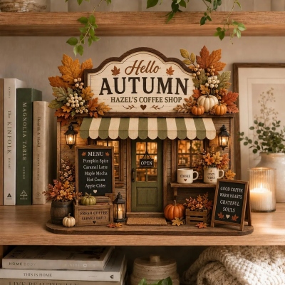 Autumn Coffee Shop Shelf Sitter, Fall Farmhouse Coffee Bar Decor, Rustic Pumpkin Wooden Storefront Sign, Cozy Autumn Tiered Tray Decor