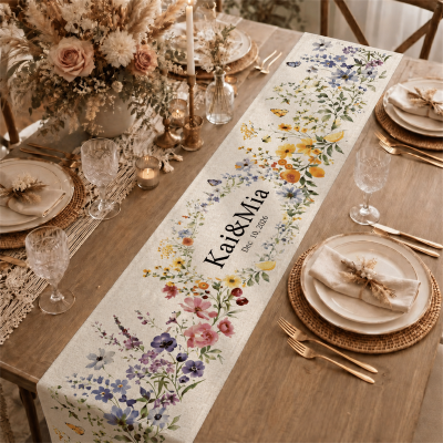 Personliga namn och datum med vildblommor, bordslöpare för bröllop, rustik matbordsdekoration för bruddusch, inflyttnings-/bröllopspresent till par/nygifta