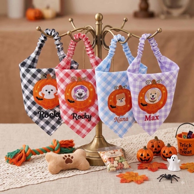 Custom Pet Face Pumpkin Bandana, Halloween Gingham Pet Scarf, Personalized Spooky Dog Gift