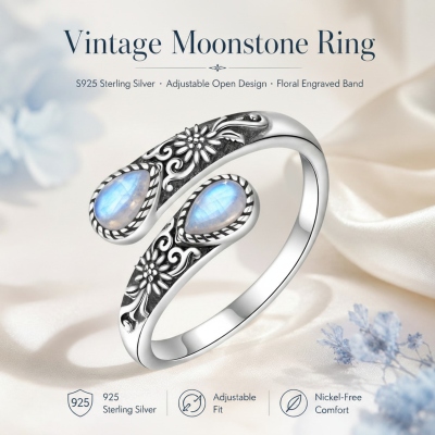 Moonstone Bloom Ring with Vintage Floral Design, Adjustable Open Ring, Birthday/Anniversary Gift for Her/Woman