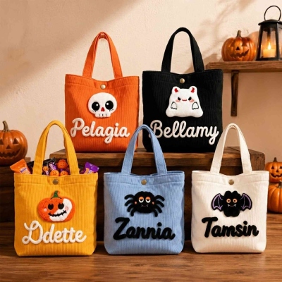 Custom Halloween Kids Tote Bag with Name, Corduroy Handbag with 3D Plush Cartoon Patches, Trick or Treat Candy Bag, Gift for Toddlers/Boys/Girls