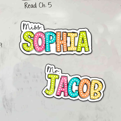 Personalized Teacher Name Multicolor Polka Dot Whiteboard Magnet, Office Classroom Supplies, Back to School Gift for Teachers/Educators