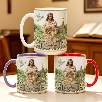 Personalized Name Jesus Sheep Pigeon Mug, 11oz/15oz Two Tone Ceramic Coffee Tea Mug with Coaster, Birthday/Baptism/Religious Gift for Christians