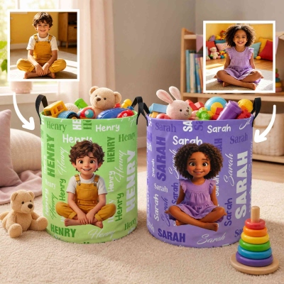 Custom Name Cartoon Character Storage Basket with Handles, Waterproof Large Capacity Toy Laundry Basket, Back to School/Birthday Gift for Kids