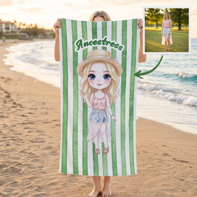 Personalized Watercolor Stripes Photo Quick Dry Oversized Beach Towel with Name, Summer Vacation Party Favor, Travel/Birthday Gift for Family/Friends