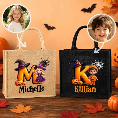 Custom Name Face Photo 3D Cartoon Halloween Character Alphabet Tote Bag, Large Capacity Jute/Linen Trick or Treat Handbag, Halloween Gift for Kids
