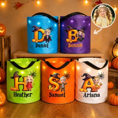 Custom Name Face Photo 3D Cartoon Halloween Character Alphabet LED Light Bucket Bag with Handle, Trick or Treat Candy Basket, Halloween Gift for Kids