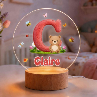 Personalized Plush Alphabet Cartoon Animal LED Night Light with Name, Acrylic Night Lamp with Wooden Base, Children’s Day/Birthday Gift for Kids