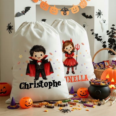 Personalized Cartoon Halloween Character Drawstring Gift Bag with Name, Canvas Trick or Treat Bag, Halloween Party Favor, Halloween Gift for Kids