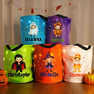 Custom Name Cartoon Halloween Character LED Light Trick or Treat Bucket Bag with Handle, Light-Up Candy Basket, Halloween Gift for Kids/Boys/Girls