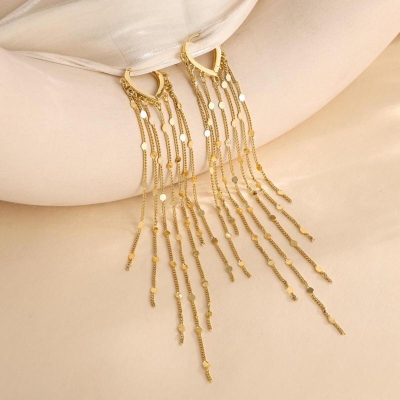 Lightweight Gold Plated Long Chain Fringe Tassel Earrings, Boho Statement Dangle Drop Design, Daily Party Wear Jewelry, Gift for Her/Wife/Girlfriend