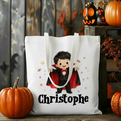 Personalized Cartoon Halloween Character Tote Bag with Name, Large Capacity Trick or Treat Canvas Handbag, Halloween Gift for Kids/Teens