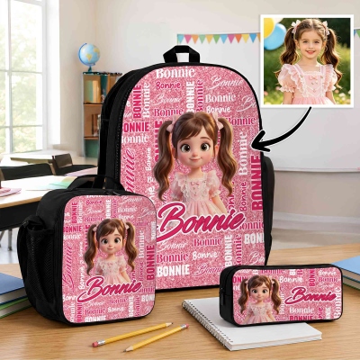 Custom Q-Version Cartoon Photo Backpack Lunch Bag Pencil Case with Name, Children's School Bag Set, Back to School/Birthday Gift for Kids/Students