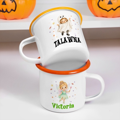 Personalized Cartoon Halloween Character Enamel Mug with Name, 12oz Shatterproof Cup with Handle, Trick-or-Treat Mug, Halloween Gift for Kids/Teens