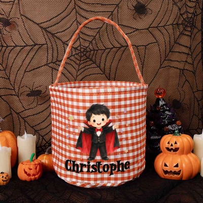Custom Name Cartoon Halloween Character Gingham Candy Basket, Large Capacity Trick-or-Treat Bucket Bag with Handle, Halloween Gift for Kids/Teens
