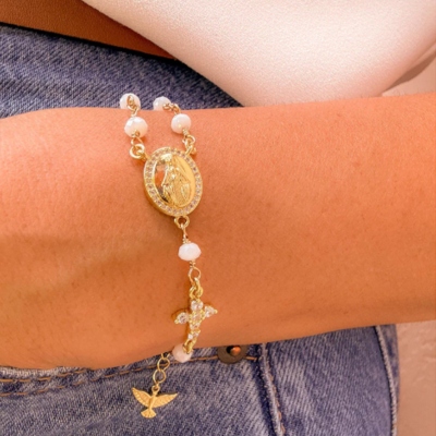 Personalized Birthstone Virgin Mary Rosary Bracelet, White Beaded Bracelet with Cross Dove Charm, Religious Jewelry, Baptism Gift for Her/Women/Girls