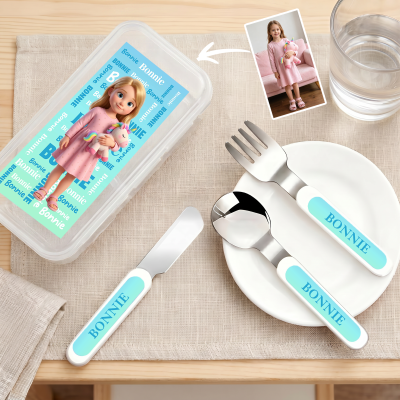 Personalized Cartoon Photo Word Cloud Gradient Kid's Fork Spoon Knife 3 Pcs Cutlery Set with Box, Back to School/Birthday Gift for Kids/Boys/Girls