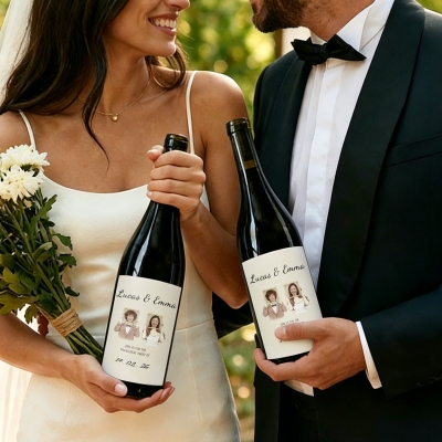 Personalized Watercolor Couple Childhood Photo Wine Bottle Stickers Labels with Name and Date, Engagement/Wedding Party Favor for Newlyweds/Couples