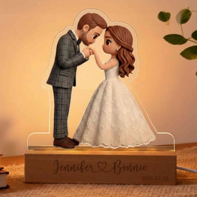 Personalized Text and Date Couple Photo Acrylic LED Night Light with Wooden Base, Home Decor, Wedding/Anniversary/Birthday Gift for Couples/Newlyweds