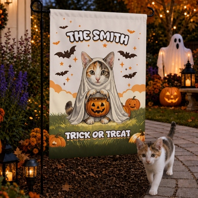 Personalized Photo Cartoon Spooky Ghost Pet Garden Flag with Name, Trick or Treat Flag, Autumn Outdoor Yard Decor, Halloween Gift for Pet Owners