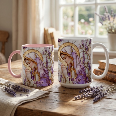 Personalized Name Lavender Virgin Mary Mug, 11oz/15oz Two Tone Ceramic Coffee Tea Mug with Coaster, Birthday/Baptism/Religious Gift for Catholic Women