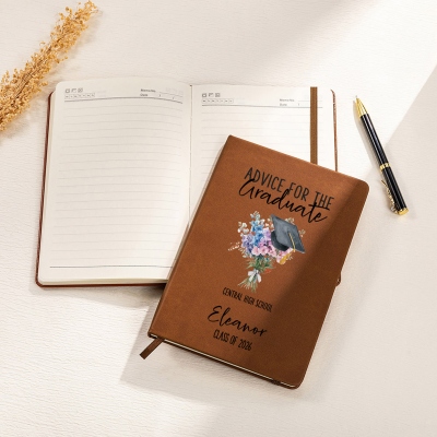 Personalized Graduation Cap Birth Flower Notebook with Name, A5 PU Leather Floral Journal, Birthday/Graduation Gift for Her/Daughter/Family/Friends
