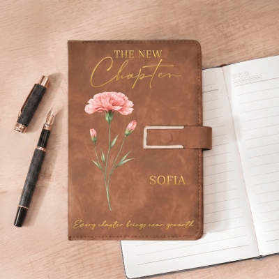 Personalized Name Birth Flower the New Chapter Notebook Set, PU Leather A5 Notebook & Pen, Retirement/Birthday Gift for Retiree/Bookworms/Women