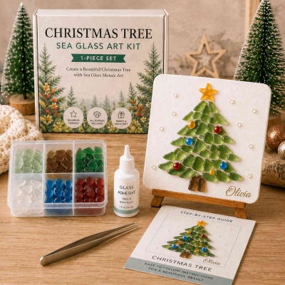 Personalized Christmas Sea Glass Art Kit with Name & Tree/Reindeer/Santa Design, DIY Holiday Mosaic Craft, Christmas/Birthday Gift for Crafter/Kid