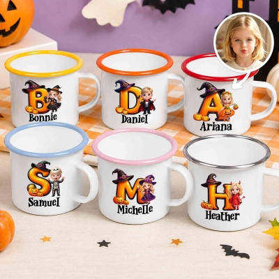 Custom Name Face Photo 3D Cartoon Halloween Character Alphabet Enamel Mug, 12oz Shatterproof Trick-or-Treat Cup with Handle, Halloween Gift for Kids