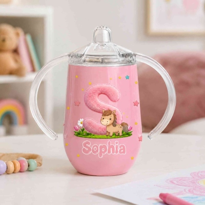 Personalized Name Plush Alphabet Cartoon Animal Sippy Cup, 10oz Insulated Egg-Shaped Water Cup with Handles & Lid, Birthday Gift for Kids/Toddlers