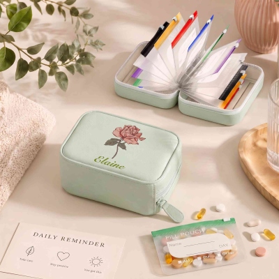 Custom Name Birth Flowers Weekly Travel Pill Organizer, Binder-Style PU Waterproof Case, Portable Medicine Storage Bag, Medication Gift for Her