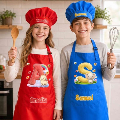 Custom Name Plush Alphabet Cartoon Animal Child's Apron Set, Chef Hat & Adjustable Apron with Pocket, Birthday/Christmas Gift for Kids/Boys/Girls