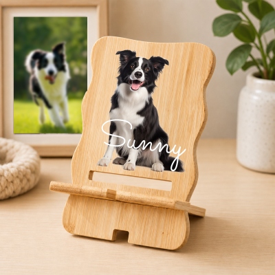 Personalized Pet Photo Bamboo Phone Stand with Name, Dog Cat Portrait Tablet Game Console Holder, Birthday/Memorial Gift for Pet Parents