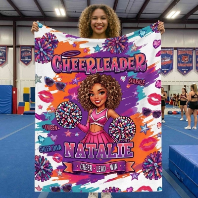 Personalized Photo Cartoon Cheerleading Girl Doodle Blanket with Name, Flannel/Sherpa Bed Couch Throw, Home Decor, Gift for Cheerleaders/Teammates