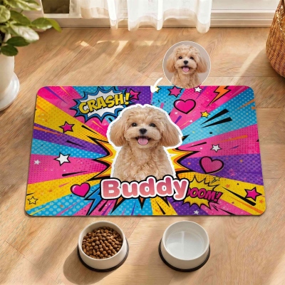 Personalized Pet Photo Colorful Pop Art Food Mat with Name, Waterproof Non-Slip Pet Placemat for Cats/Dogs, Birthday/Housewarming Gift for Pet Parents