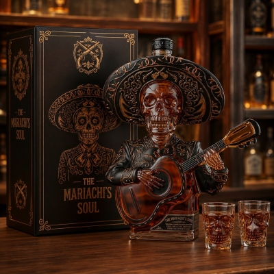 Mariachi Skeleton Liquor Decanter Set with Matching Skull Shot Glasses, Day of the Dead Barware, Housewarming Gift for Men & Bar Enthusiasts