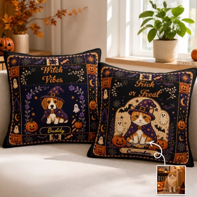 Custom Photo & Name Retro Cartoon Halloween Pet Witch Throw Pillow Cover, Pillowcase with Optional Insert, Home Decor, Halloween Gift for Pet Lovers