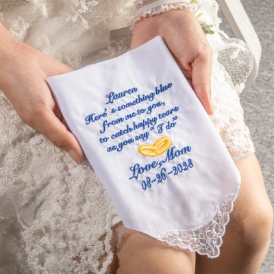 Personalized Cotton Embroidered Wedding Lace Handkerchief with Name and Date, Something Blue, Wedding Gift from Mom to Daughter