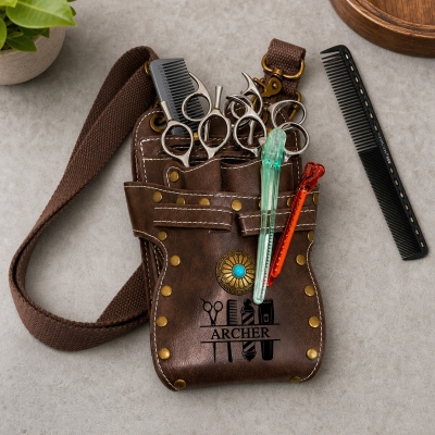 Custom Name Vintage Leather Hairdressing Tools Waist Bag, Combs Scissors Sectioning Clips Organizer Pouch with Belt, Gift for Barbers/Hairstylists