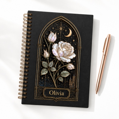 Personalized Birth Flower Gothic Notebook with Name, Iridescent Faux Pearl Journal, Mother's Day/Graduation Gift for Her/Sister/Best Friend