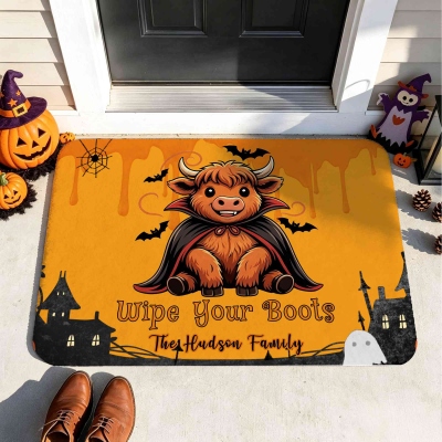 Personalized Devil Highland Cow Doormat with Name, Non-slip Floor Mat, Autumn Festive Home Decor, Halloween Gift for Family/Highland Cow Lovers