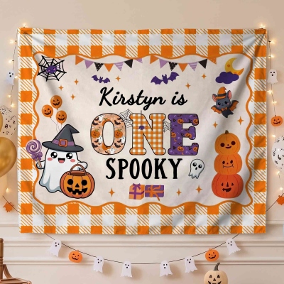Personalized Halloween 1st Birthday Backdrop with Name, Cute Ghost Pumpkin Bat Banner, Birthday Party Favor, Halloween Gift for Newborns