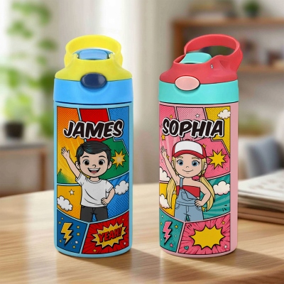 Personalized Name & Photo Comic Cartoon Character Water Bottle, Stainless Steel 12oz Tumbler with Straw & Lid, Birthday/Back to School Gift for Kids