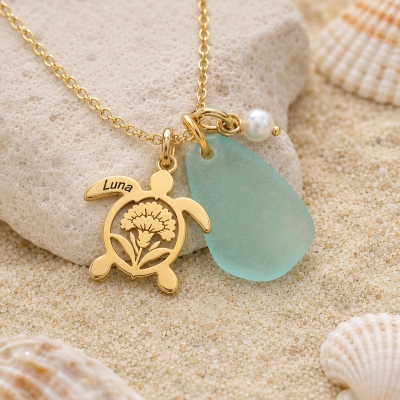 Personalized Name Sea Turtle Necklace, Birth Flower Cutout Pendant with Sea Glass & Pearl, Ocean‑Themed Jewelry, Birthday Gift for Women/Girlfriend