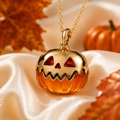Personalized Jack O Lantern Necklace with Name, Translucent Resin Pumpkin Design, Halloween & Fall‑Inspired Jewelry, Spooky Gift for Her/Girlfriend