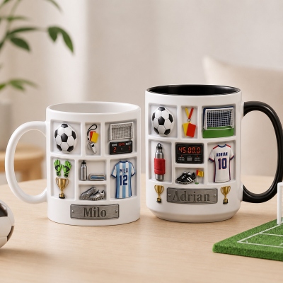 Personalized Faux 3D Football Themed Mug with Name Tag, Soccer Ceramic Coffee Cup, Daily Use, Birthday/Game Day Gift for Soccer Player/Football Fan