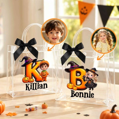 Custom Name & Face Photo 3D Cartoon Halloween Character Alphabet Tote Bag with Bow Ribbon, Clear PVC Trick or Treat Handbag, Halloween Gift for Kids