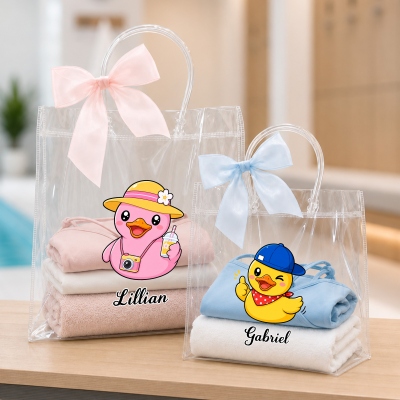 Personalized Name Cartoon Professional Duck Character Gift Bag with Bow Ribbon, PVC Transparent Beach Bag, Vacation Party Favor, Gift for Women/Girls
